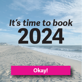 a beach with the words it's time to book 2024